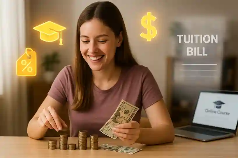 Student stacking coins and cash at home while a tuition bill fades, showing how Online College Benefits reduce tuition and fees.