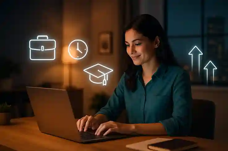 Working professional studying online at home with icons of career growth, clocks, and graduation caps, showing how Online College Benefits support working professionals.