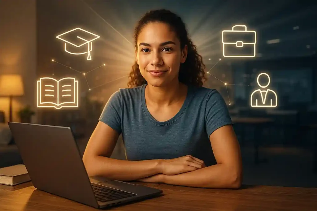 A motivated student studying online at home, surrounded by digital icons of graduation and career growth, symbolizing fearless ambition.