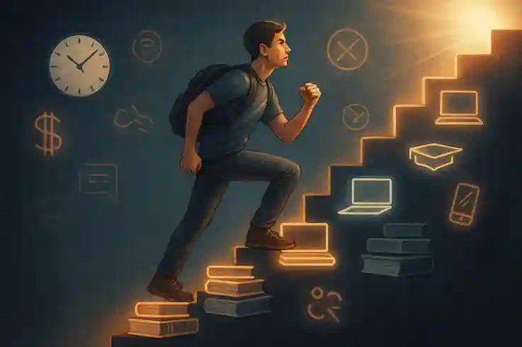 Overcoming Challenges That Test Fearless Ambition A determined student climbing digital steps surrounded by obstacles like time, money, and distractions, symbolizing challenges that test fearless ambition.