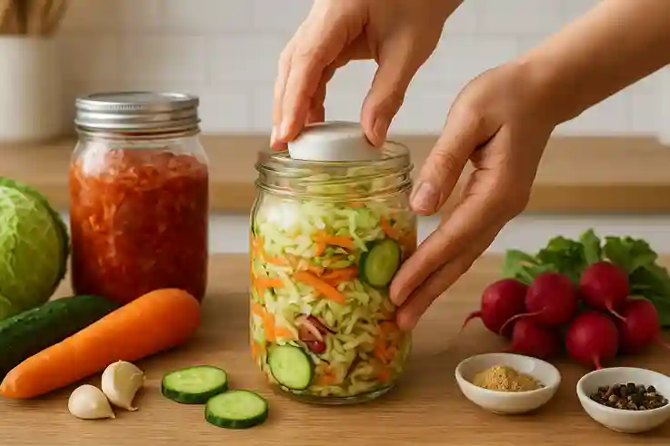 Packing Vegetables for Homemade Fermented Vegetables Hands pressing chopped cabbage, carrots, cucumbers, and radish into a clean glass jar, with a fermentation weight keeping vegetables submerged in brine, ready for DIY sauerkraut or kimchi at home.