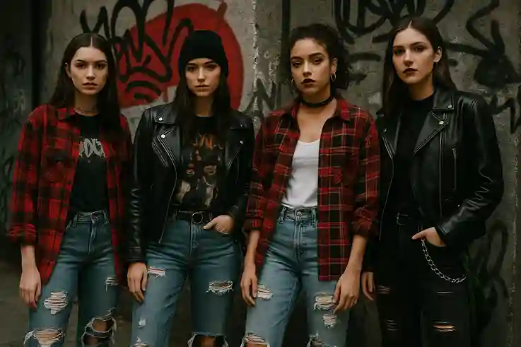 Plaid and Grunge Revival The 90’s Edge Returns Urban fashion photo of diverse models in 90’s plaid and grunge outfits, including oversized flannel shirts, ripped jeans, leather jackets, and combat boots, posing against a graffiti wall with a moody vibe.