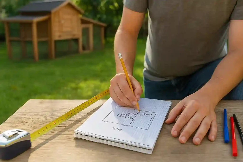 Person planning a backyard chicken coop layout with measuring tools and a notebook, preparing a safe and organized space for backyard chickens.