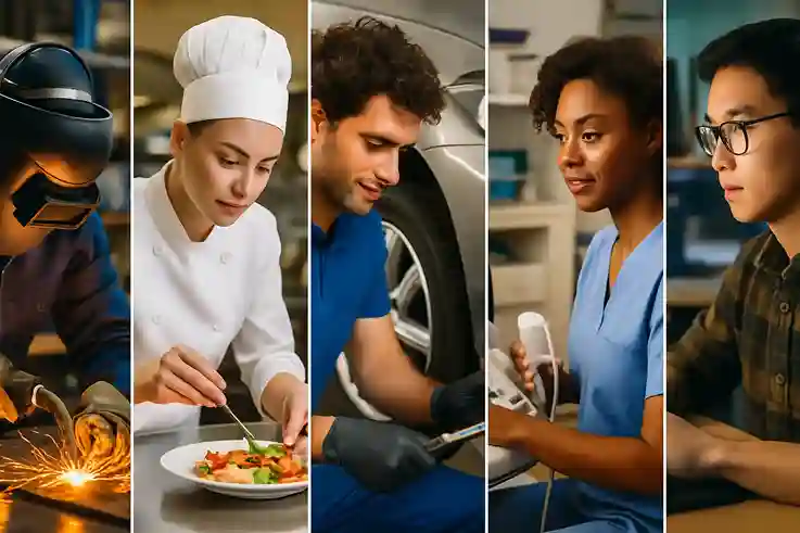 Collage of students learning trades like welding, culinary arts, automotive repair, healthcare, and technology – popular vocational training fields.