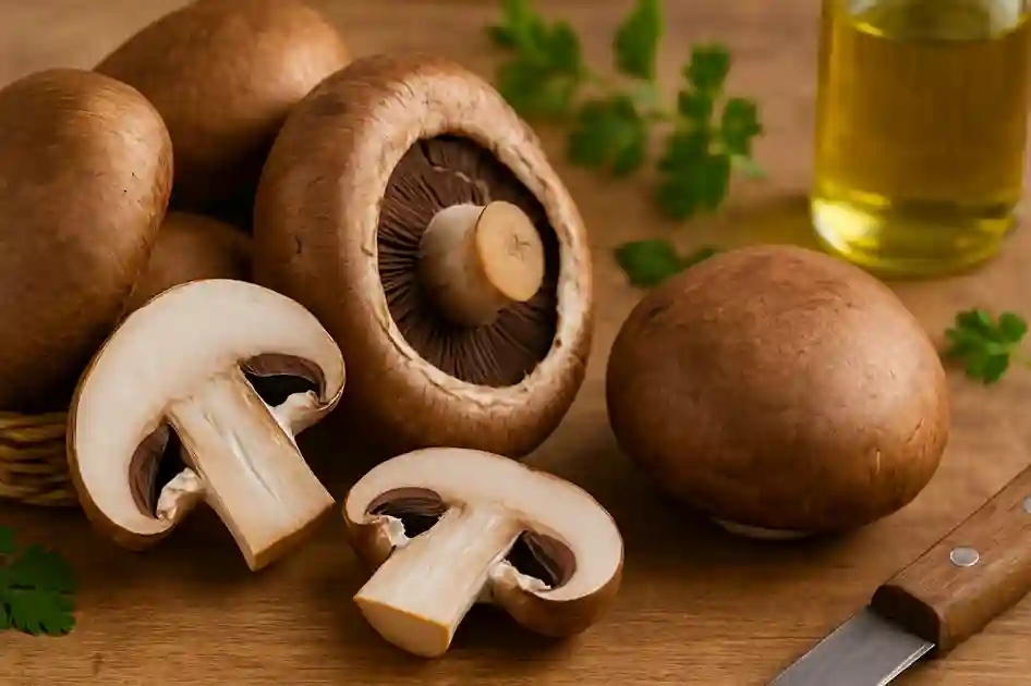 Fresh portobello mushrooms, whole and sliced, displayed on a wooden surface with fresh herbs and olive oil.