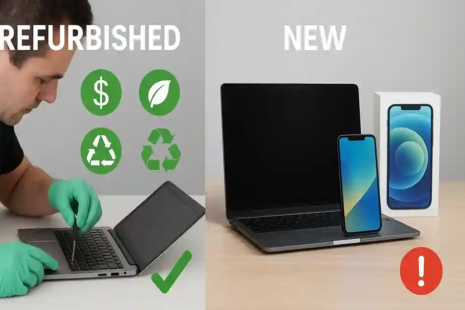 Pros and Cons of Buying Refurbished in the Refurbished vs New Debate Split image showing refurbished devices with cost-saving and eco-friendly icons versus new devices, illustrating Refurbished vs New pros and cons.