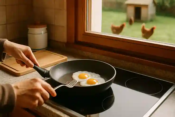 A person cooking fresh eggs in a kitchen while hens roam freely in the backyard, showing the benefits of Raising Chickens for Eggs.