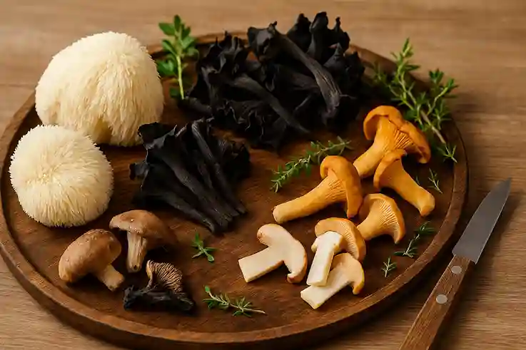 Rare Types of Edible Mushrooms Worth Trying Rare types of edible mushrooms including lion’s mane, black trumpet, and hedgehog mushrooms arranged on a wooden board.