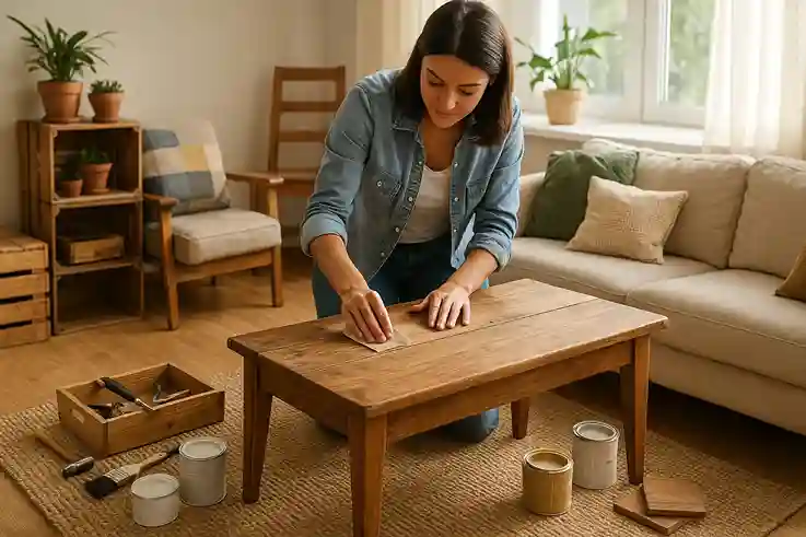 Reclaimed and Upcycled Furnishings Person upcycling a wooden coffee table using reclaimed materials in a bright home workshop