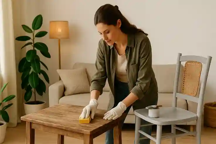 Recycled and Upcycled Pieces That Shine Woman refurbishing and upcycling furniture in a modern eco-friendly living room with reclaimed wood and repurposed decor.