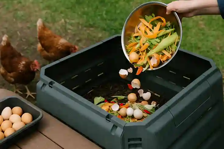 Kitchen scraps and eggshells being added to a compost bin while hens peck nearby, showing how raising chickens for eggs helps reduce household waste.