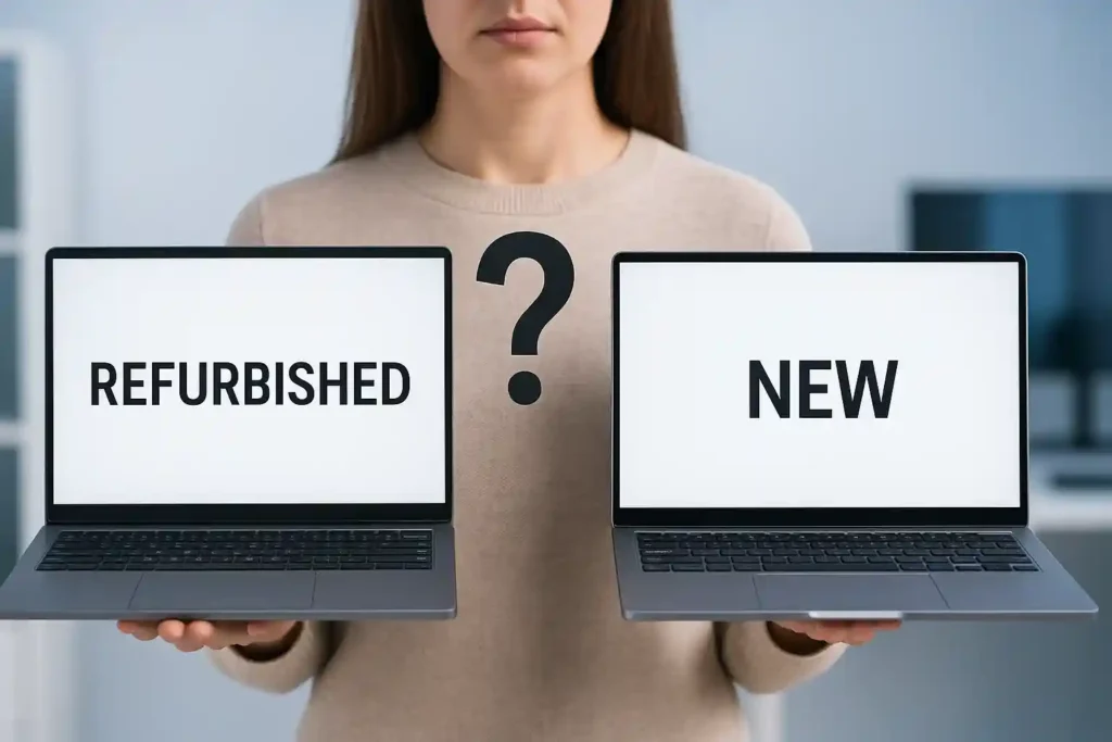 A shopper comparing a refurbished laptop with a new one, symbolizing the safety and risks of buying refurbished products.
