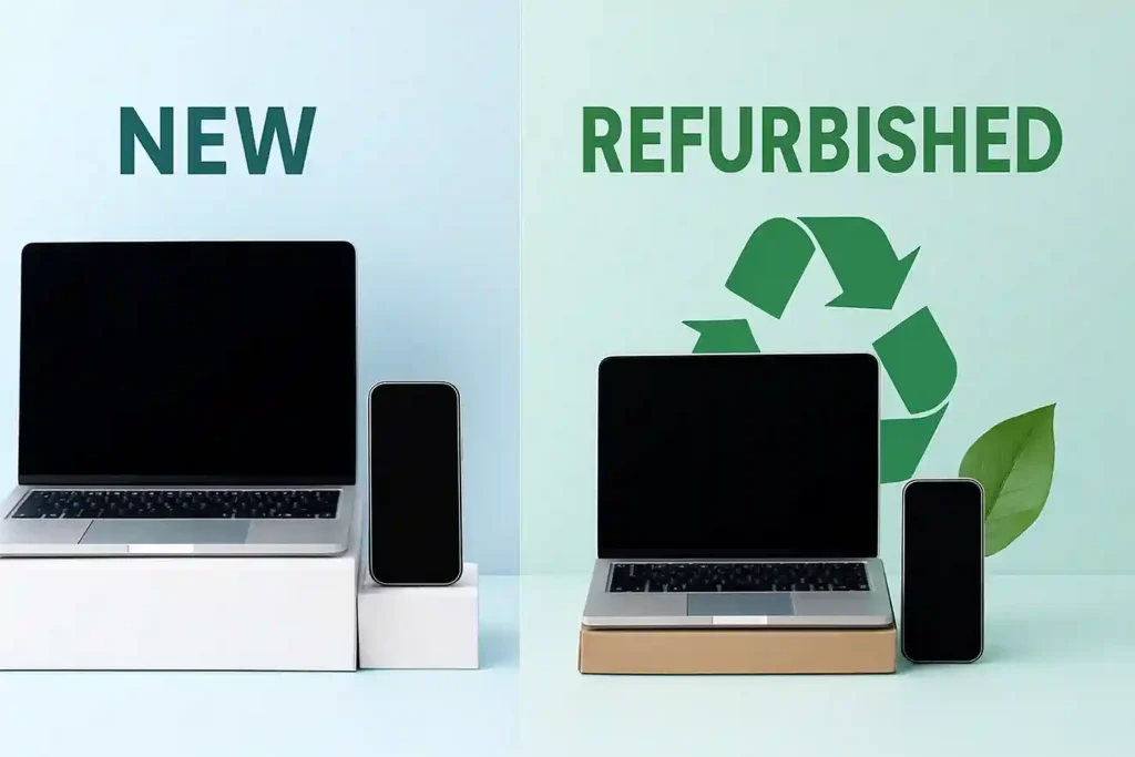 Split-screen image showing brand-new and refurbished devices side by side, highlighting the difference between Refurbished vs New products.