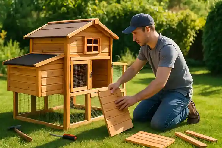 Person assembling a wooden chicken coop in a sunny backyard, preparing a safe and organized space for backyard chickens.