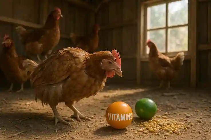 Hens showing signs of vitamin deficiency with dull feathers and low activity in a coop, highlighting the importance of Chicken Vitamins