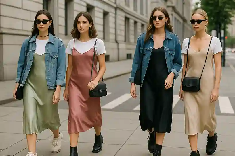 Street-style fashion photo of women in 90’s-inspired slip dresses layered with t-shirts and styled with denim jackets, chunky sneakers, and chokers on an urban city street.