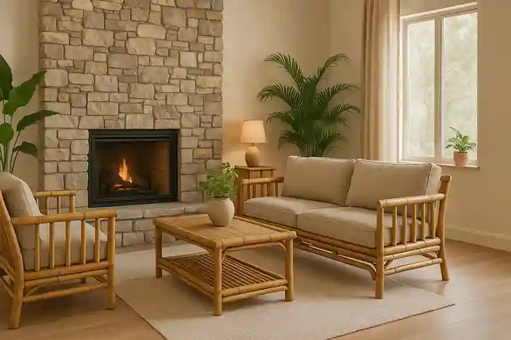 Stone Brings Lasting Beauty to Eco Friendly Homes Modern living room with natural stone elements like a stone fireplace and stone accent wall, complemented by eco-friendly decor and indoor plants.