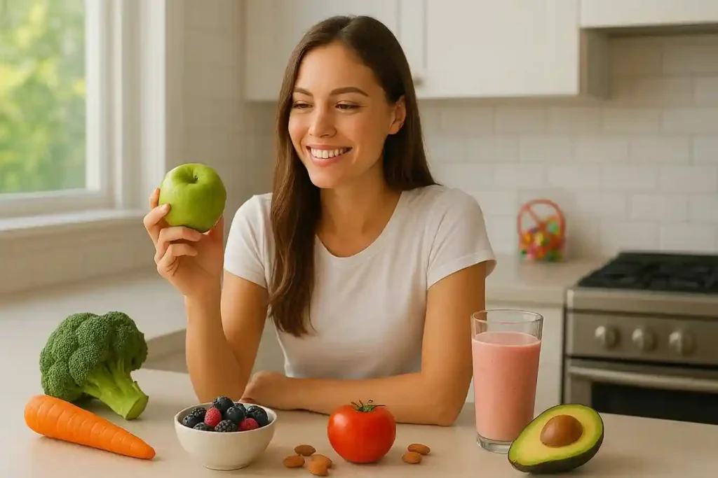 Bright modern kitchen with fresh fruits, vegetables, nuts, smoothie, and water, highlighting a sugar detox and healthy lifestyle