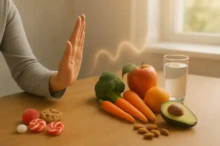 Sugar Detox Transform Your Health with Whole Foods Person pushing away candy and soda toward a table of fresh fruits, vegetables, nuts, and water, symbolizing a sugar detox and healthy lifestyle.