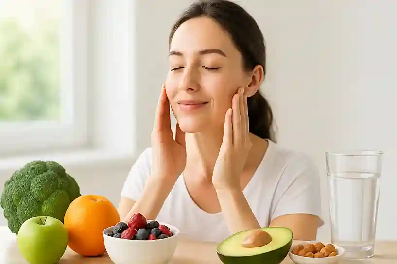 Sugar Detox and Skin Health Achieve Clearer, Radiant Skin Naturally Person with glowing skin surrounded by fruits, vegetables, nuts, and water, while sugary treats are blurred, symbolizing sugar detox and skin health.