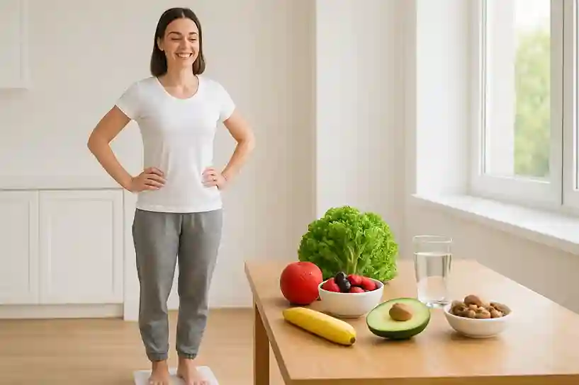 Sugar Detox for Weight ManagementReduce Cravings and Stay Balanced Person smiling on a scale with healthy foods nearby and sugary snacks blurred, symbolizing sugar detox for weight management.