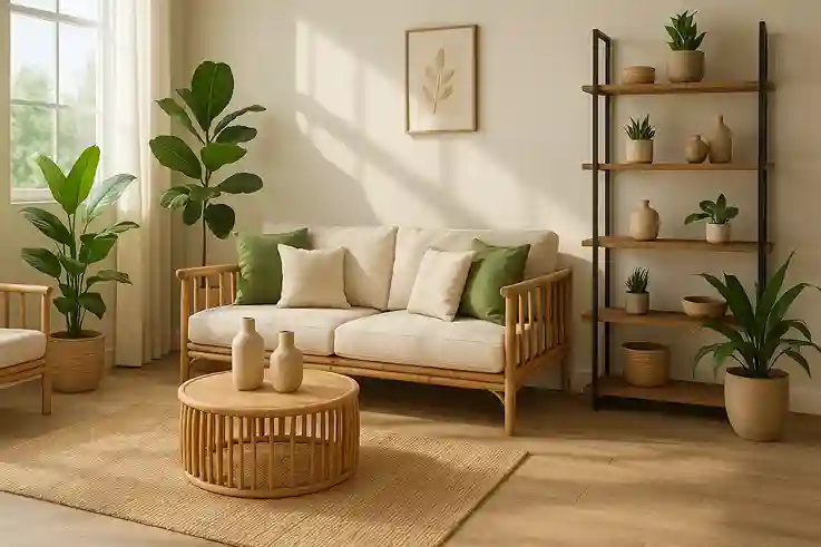 Sustainable home decor with indoor plants, bamboo furniture, and eco-friendly accents in a bright modern living room.
