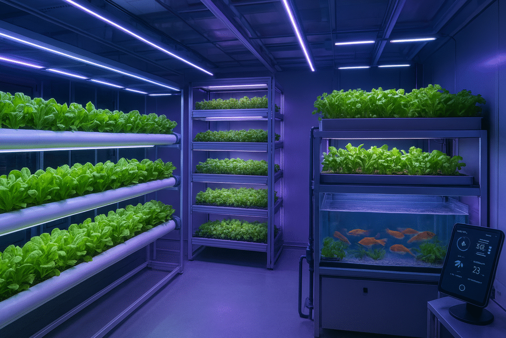 Technology and Innovation in Micro Farming Hydroponics, aquaponics, vertical farming, and smart sensors in a modern micro farm.