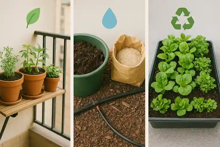 The Core Principles of Micro Farming Illustration of micro farming principles: small space use, sustainable methods, and high-yield crops.