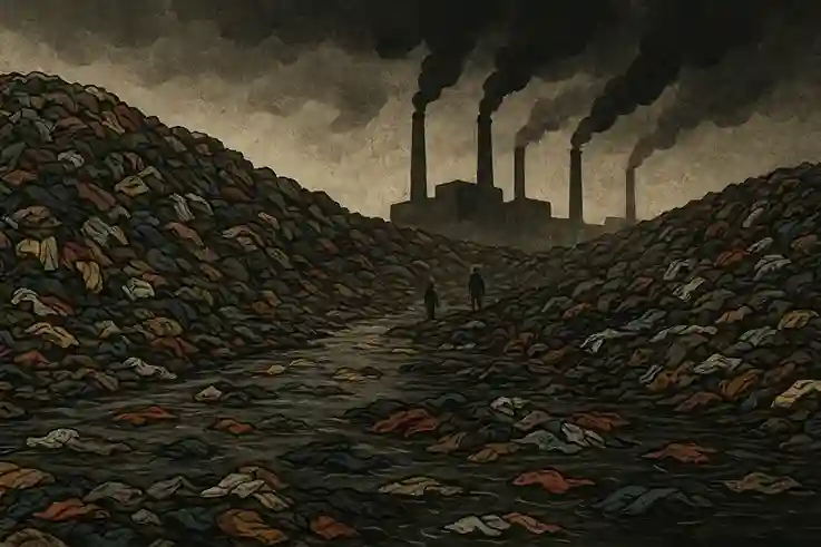The Dark Environmental Cost of Fast Fashion Illustration showing the dark environmental cost of fast fashion, including polluted rivers and overflowing clothing waste.