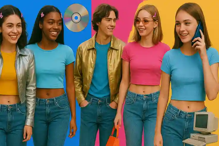 The Origins of Y2K Fashion Early 2000s Style Revival Teenagers and fashion icons in early 2000s Y2K Fashion, wearing low-rise jeans, baby tees, metallic jackets, and playful accessories.