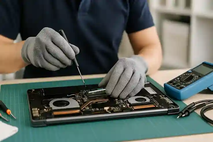 Technician repairing a laptop on a workbench, illustrating the Refurbishment Process step by step.