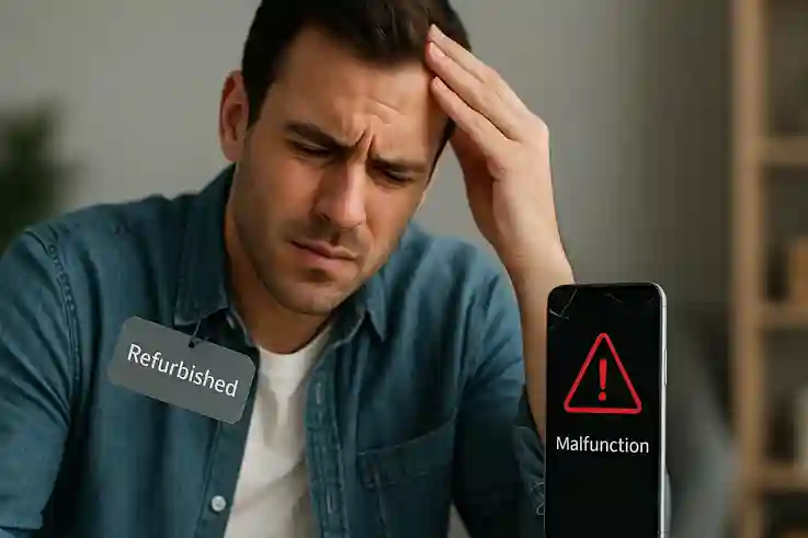 A frustrated shopper inspecting a malfunctioning refurbished laptop, illustrating where refurbished purchases can go wrong.