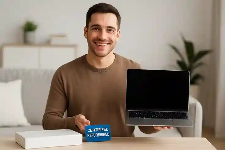 A shopper confidently holding a refurbished laptop with a certified label, showing why choosing refurbished can be safe and smart.