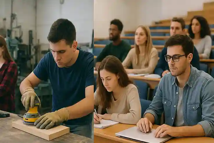 Time Commitment Trade School vs College Split-screen image showing trade school students in a workshop on one side and college students in a lecture hall on the other.