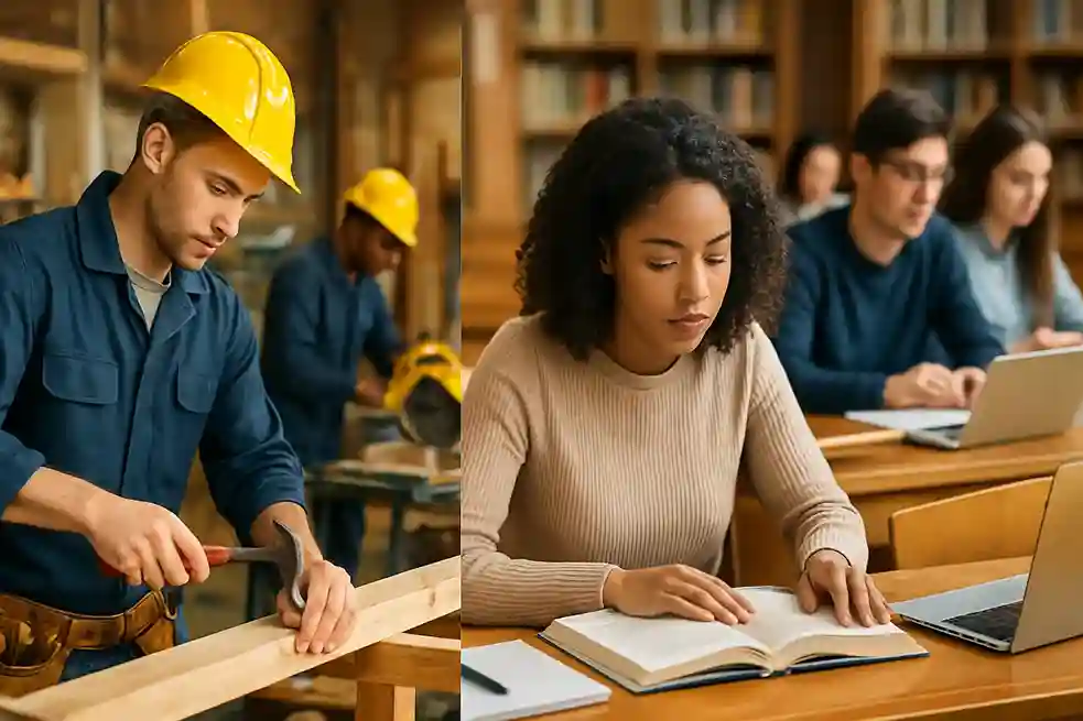 Students comparing trade school and college paths, with hands-on training on one side and classroom learning on the other.