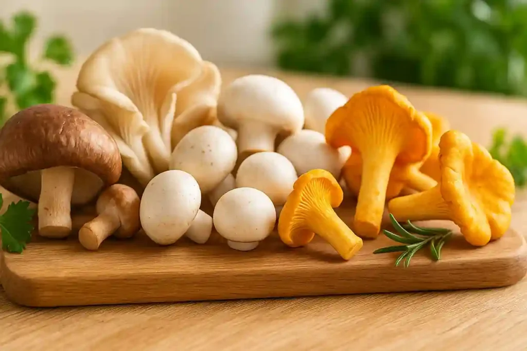 A colorful assortment of edible mushrooms including shiitake, oyster, button, and chanterelle, arranged on a wooden board.