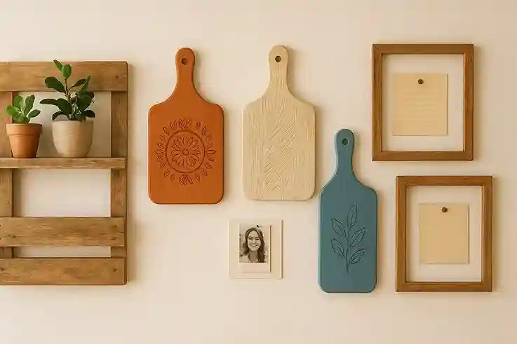 Upcycled DIY Wall Decor with Rustic and Creative Designs Upcycled DIY wall decor using wooden pallets, memo boards from picture frames, and painted cutting boards.