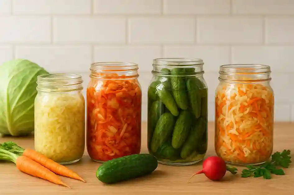 Variety of Homemade Fermented Vegetables Jars of homemade fermented vegetables including sauerkraut, kimchi, and pickles on a kitchen countertop, surrounded by fresh cabbage, carrots, cucumbers, and radish.