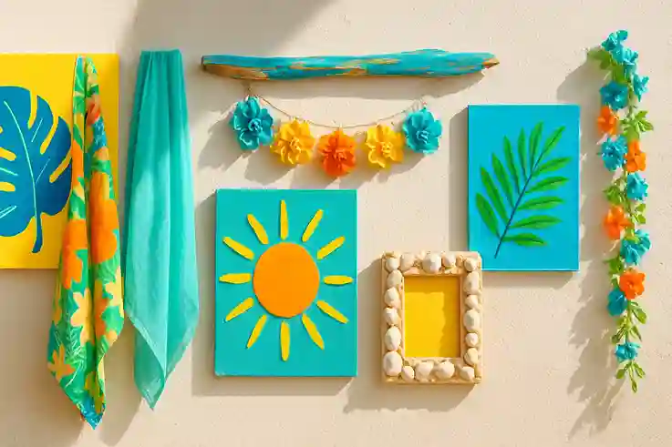 Vibrant Summer DIY Wall Decor Bright summer DIY wall decor with tropical prints, seashell frames, painted driftwood, and floral garlands.