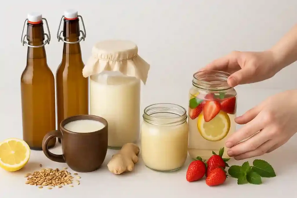 What Are Fermented Drinks A Variety of Healthy Options A variety of fermented drinks including kombucha, kefir, kvass, and fruit-infused water displayed on a tabletop, with hands arranging the jars and bottles.