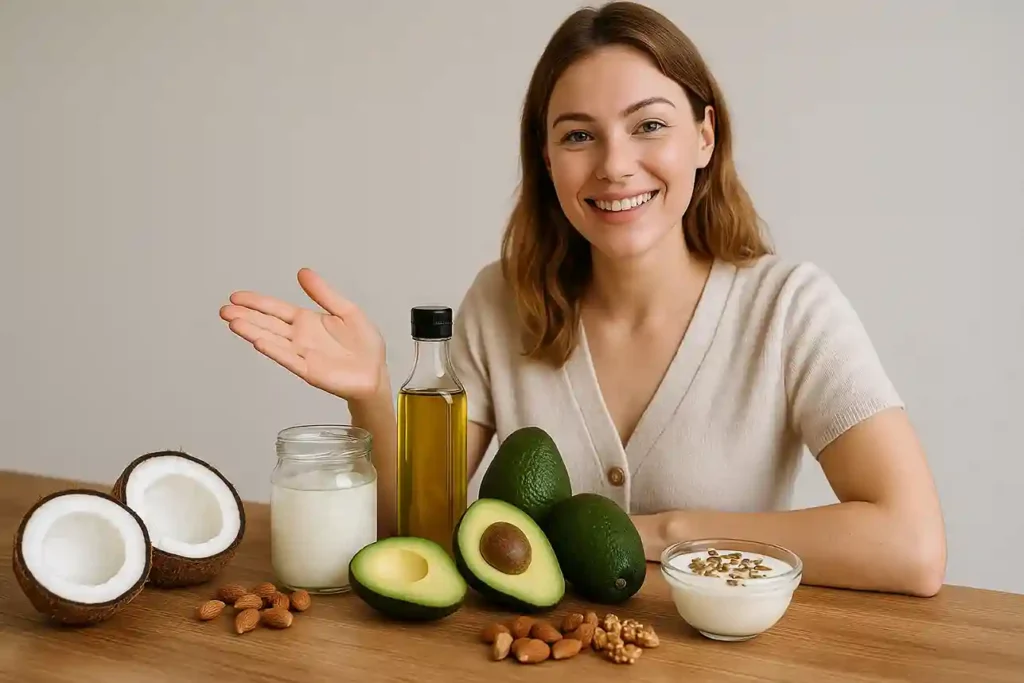 Person presenting MCT foods like coconuts, avocado, nuts, and MCT oil on a clean kitchen table for healthy energy.