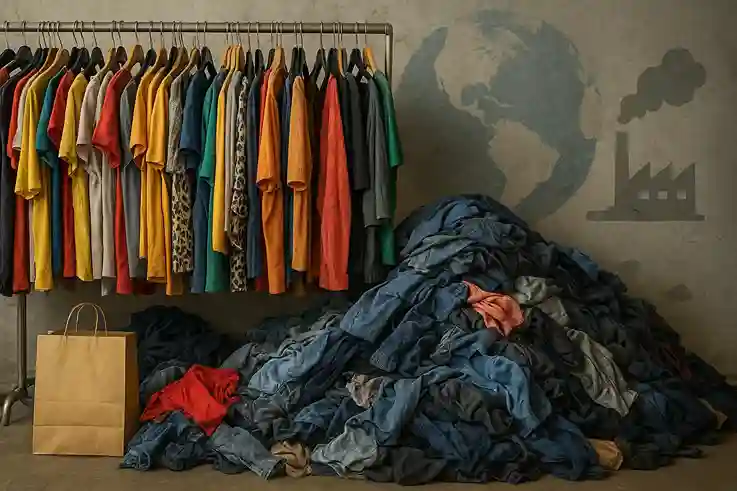 What Is Fast Fashion image Illustration showing overflowing cheap clothing and environmental impact, representing What Is Fast Fashion.