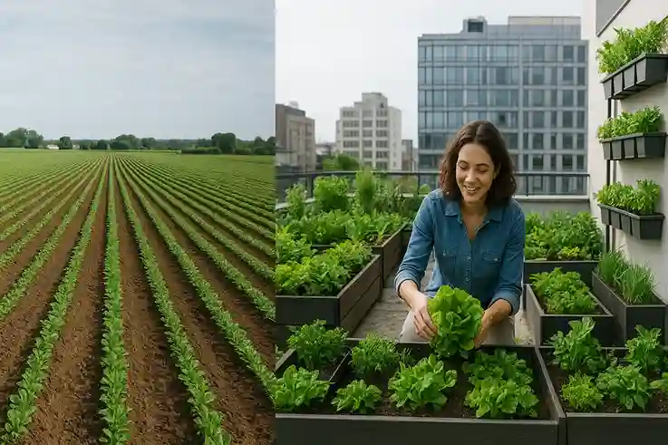 What Is Micro Farming Comparison of traditional farming fields and a rooftop micro farm with vegetables in containers.