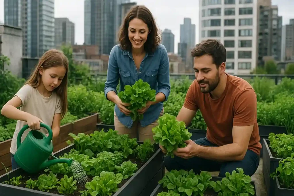 Urban rooftop micro farm with family growing vegetables in small containers.