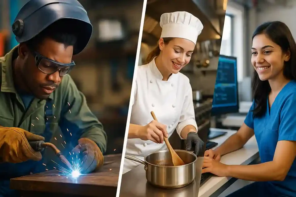 Collage of students learning trades like welding, cooking, and automotive repair – what is vocational training.
