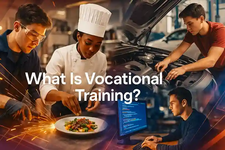 Creative collage of students learning trades like welding, cooking, automotive repair, and coding – what is vocational training.