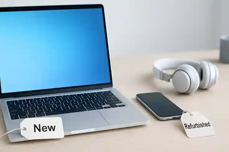Refurbished Meaning shown with new and refurbished gadgets side by side on a desk, highlighting the difference for buyers.