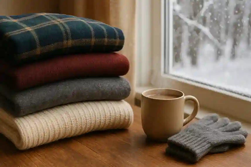 Stack of wool, fleece, cashmere, and flannel showing what makes them the best fabrics for cold weather.
