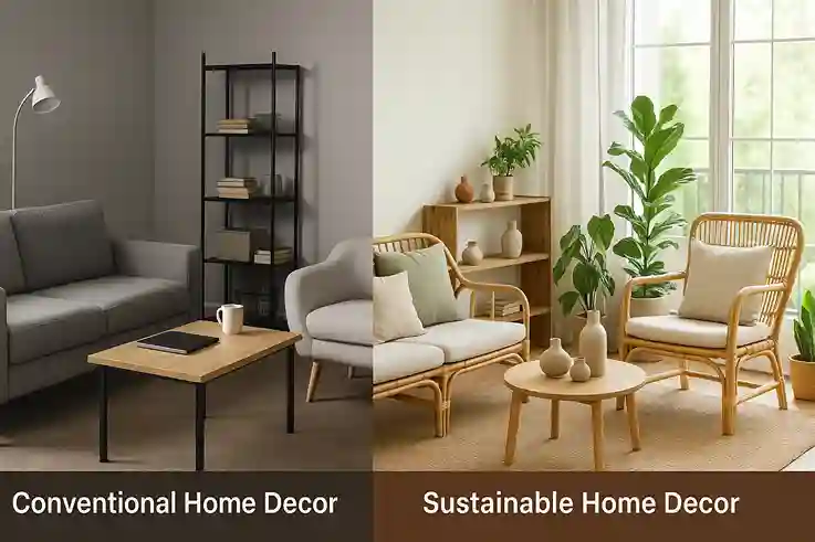 What Makes Sustainable Home Decor Different Side-by-side living rooms comparing conventional design with sustainable home decor featuring natural materials and indoor plants
