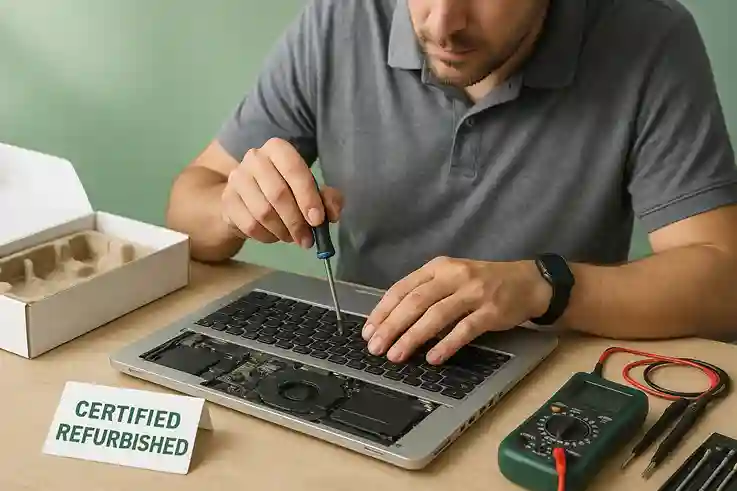What Refurbished Really Means in the Refurbished vs New Debate Technician repairing and testing a laptop to prepare it as a certified refurbished product for the Refurbished vs New comparison.